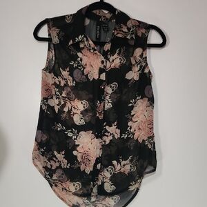 Fun & Flirt Black and Pink Sleeveless Top with Notched Collar sheer